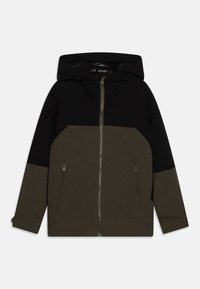 Huvjacka med tvåfärgad design i svart och olivgrönt, dragkedjestängning och två sidofickor. Slät, hållbar tyg.