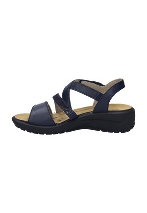 Navy blue women's sandal with leather straps, an open toe design, adjustable back strap, and a cushioned insole on a black rubber sole.