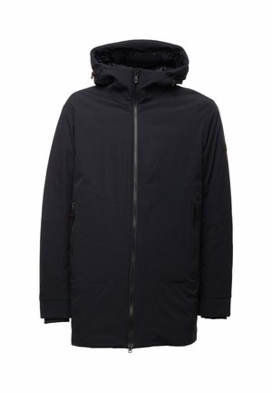 Czarna wodoodporna parka z wysokim kołnierzem, zapinana na zamek błyskawiczny, z dwoma przednimi kieszeniami. Posiada gładką powierzchnię zewnętrzną oraz regulowane sznurki kaptura.
