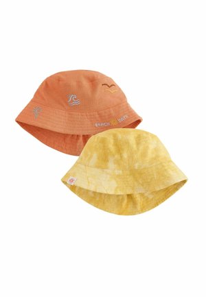 Two bucket hats: one orange with embroidered beach motifs including waves and a sun, the other yellow with a tie-dye pattern.