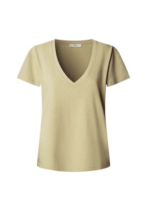 Gaiši bēša V-veida kakla T-krekls ar īsām piedurknēm, izgatavots no mīksta auduma, ar brīvu piegriezumu un minimālām šuvju detaļām apakšmalā.