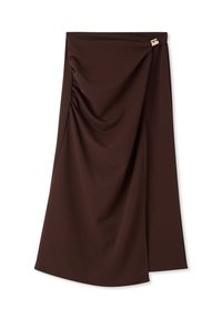 Gonna drappeggiata marrone in tessuto morbido, con dettaglio in tono oro e texture arricciata su un lato, dalla silhouette che valorizza la figura.