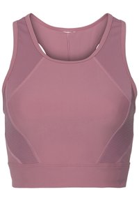 Pink sports bra with a fitted design, made from stretchy fabric. Features mesh panels on the sides and a scoop neckline for breathability.