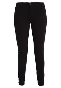 Svarta högmidjade skinny-jeans gjorda av denim, med knappstängning fram, bältesloophål och fem fickor för förvaring.