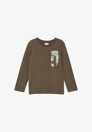 Bruin langslavige kinder shirt met een afbeelding van een dinosaurus op een skateboard en de tekst "Meester van Plezier" op de borst.