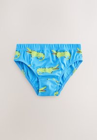 Mėlyni maudymosi šortai su žaismingu žalio ir juodo aligatoriaus raštu. Pagaminti iš minkštos, tamprios medžiagos su elastinga juosmens juosta.