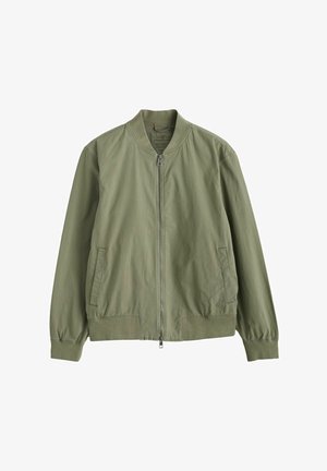 Hellolivgrüne Herren-Bomberjacke mit durchgehendem Reißverschluss, geripptem Kragen, Bündchen und Saum sowie zwei Seitentaschen.