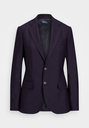 Tumedat blazeri, millel on kohandatud lõige, kaks esifronti nuppu, notch-lapellid ja küljetaskud. Sujuv tekstuur, selged jooned ja nähtamatud mustrid.