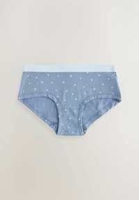 Mutande da donna in cotone azzurre con un elastico a contrasto di colore azzurro chiaro, caratterizzate da un piccolo motivo floreale sul tessuto principale.