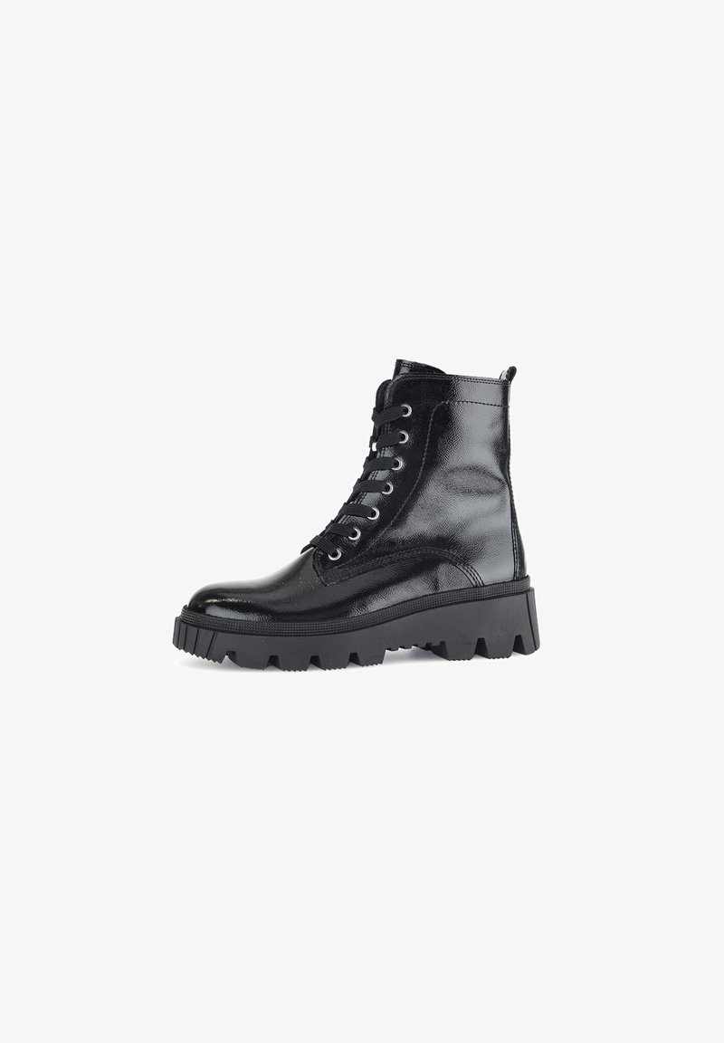 Black leather ankle boots with a glossy finish, featuring a chunky black sole, round toe, and lace-up front with six eyelets.