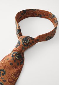 Cravate marron à motifs paisley présentant des motifs complexes en bleu foncé, jaune et rouge. Le tissu a une finition texturée, adaptée aux occasions formelles.
