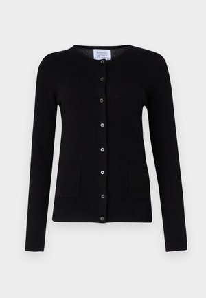 Black cashmere cardigan with long sleeves, round neckline, front button closure, and two front pockets. Smooth texture, minimal design.