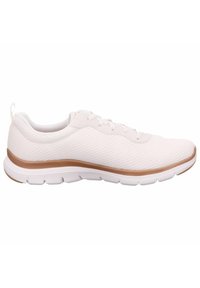 White athletic sneaker with mesh upper, white laces, and a brown accent strip above a textured white sole.