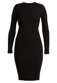 Schwarzes, geripptes Langarmkleid mit figurbetonter Silhouette und rundem Ausschnitt. Das Material wirkt weich mit einer strukturierten Oberfläche.