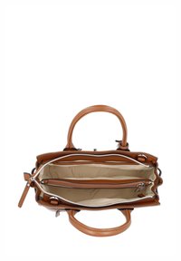 Brown leather handbag featuring two main compartments, a zippered pocket, and a flat bottom. Smooth texture with sturdy handles.