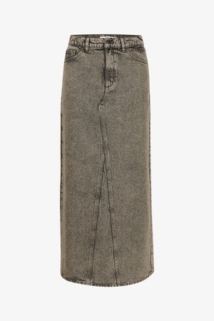 Maxi-Jeansrock in verblichenem Schwarz mit geradem Schnitt, sichtbaren Nähten und einem Schlitz vorne. Verfügt über einen Standardbund und Gürtelschlaufen.