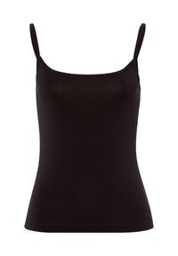 Zwarte cami-top met dunne schouderbandjes, vervaardigd uit gladde stof. Heeft een aansluitend ontwerp en een ronde halslijn, zonder patronen of versieringen.
