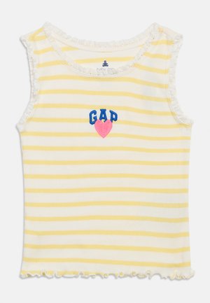 Ermeløs baby-tanktop med horisontale gule striper, hvite rufsete kanter og "GAP" med et rosa hjerte brodert midt foran.