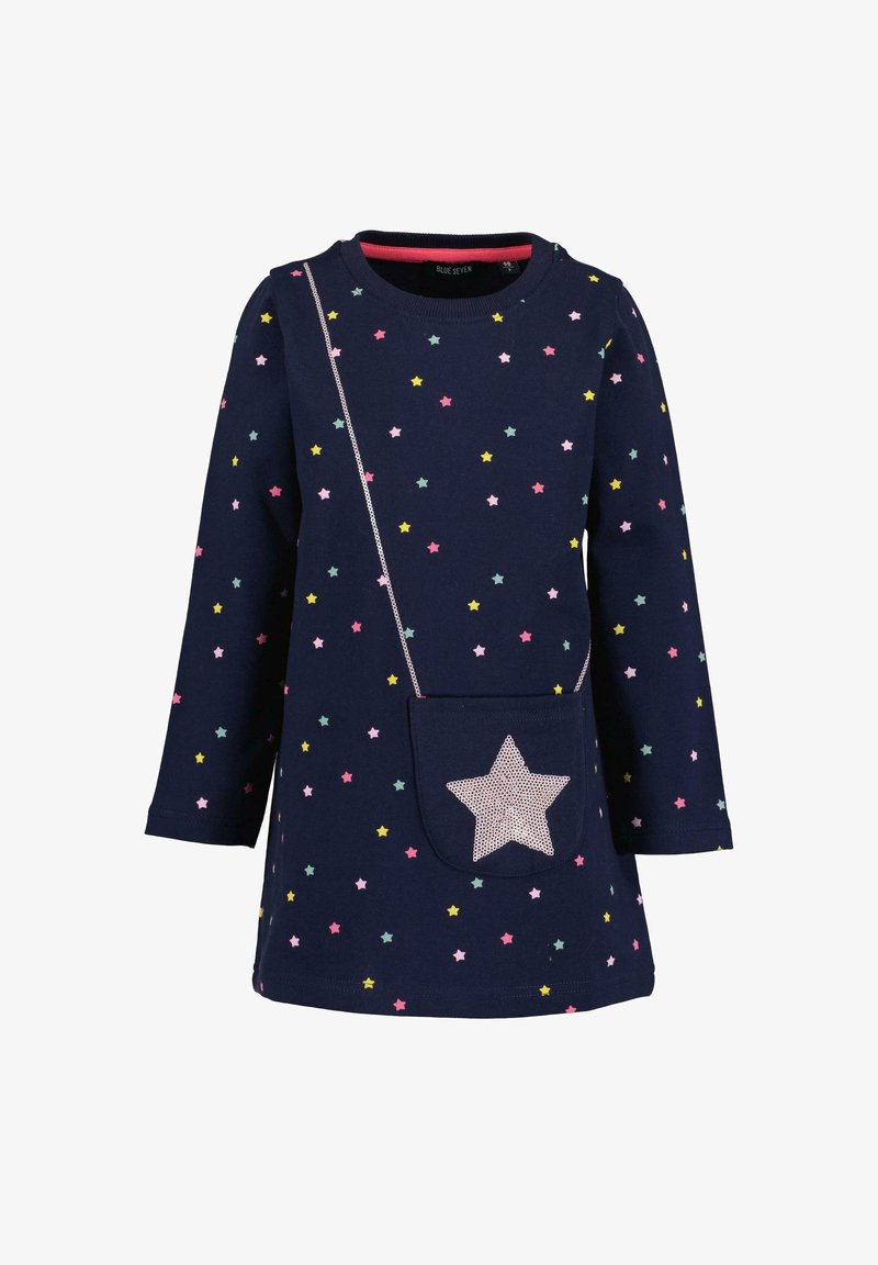 Robe manches longues bleu marine avec de petites étoiles multicolores partout et un sac bandoulière cousu comportant une grande étoile rose.