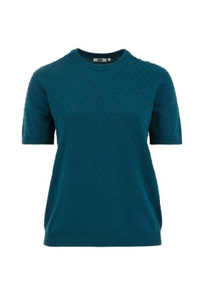 Tirkizni kratki pleteni pulover s teksturiranim uzorkom točkica, okrugli izrez i rebrasti rub. Mekani materijal, ležeran kroj.