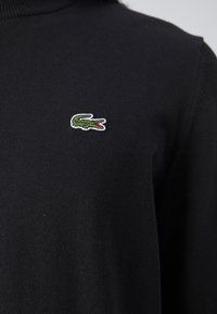 Pull en maille noir avec un petit logo crocodile vert brodé sur la zone gauche de la poitrine.