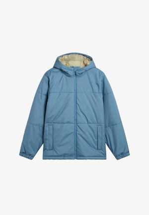 Blå vadderad jacka med huva, med en framdragkedja, kengurufickor och ett kontrasterande beige innerfoder. VANS-logotyp på bröstet.
