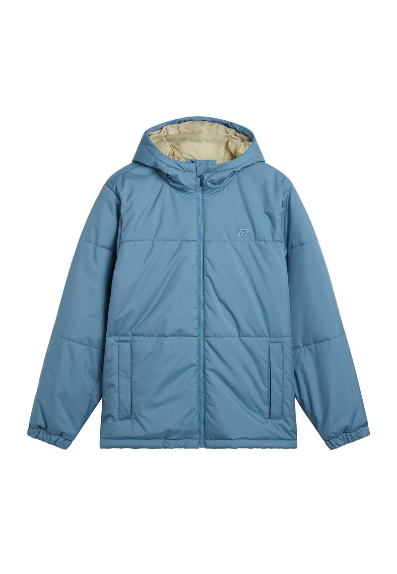 Blue padded jacket with a hood, featuring a front zip, kangaroo pockets, and a contrasting beige interior lining. VANS logo on the chest.