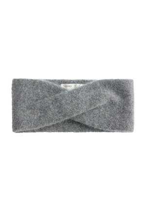 Bandă pentru cap tricotată gri, cu un design răsucit, realizată dintr-un material moale, asemănător lâncii. Prezintă o textură plană și nu are elemente de fixare sau accente vizibile.