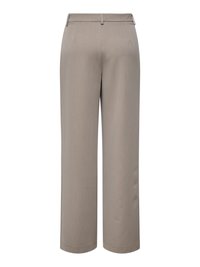 Pantaloni taupe a gamba dritta con passanti per cintura, tasche posteriori visibili e finitura del tessuto liscia.