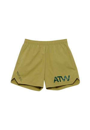 Khakifarbene Badeshorts mit elastischem Bund, seitlichen Taschen und grünen Logo-Akzenten. Besitzt einen gespaltenen Saum für mehr Bewegungsfreiheit.