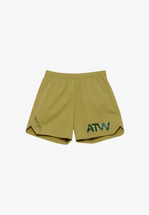 Khakifarbene Badeshorts mit elastischem Bund, seitlichen Taschen und grünen Logo-Akzenten. Besitzt einen gespaltenen Saum für mehr Bewegungsfreiheit.