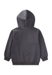 Sudadera gris oscuro con una gran capucha integrada, puños y bajo acanalados. Fabricada con tejido suave de textura lisa y sin estampados ni elementos metálicos visibles.