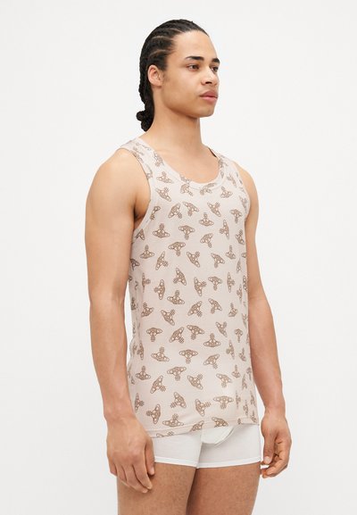 Beige Tanktop mit braunen Mustern von Kreisel, mit rundem Ausschnitt und ärmellosem Design, aus weichem, leichtem Stoff.