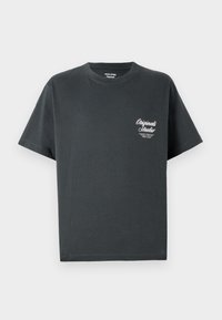 Dark gray cotton t-shirt with a round neck, short sleeves, and a white script logo on the left chest area. Simple, unembellished design.