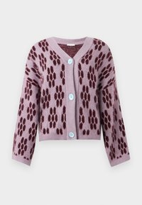 Ανοιχτό μοβ ζακέτα με πουά μοτίβο σε μαρουν αποχρώσεις, διαθέτει V-λαιμόκοψη, μανσέτες με ριμπ και τρία μπλε κουμπιά μπροστά. Μαλακή υφή.