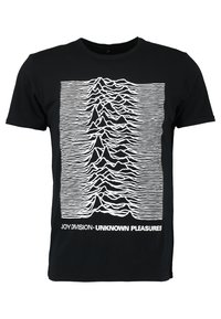 Sort bomulds T-shirt med et hvidt grafik af lydvibrationer, med teksten "JOY DIVISION - UNKNOWN PLEASURES" nederst.