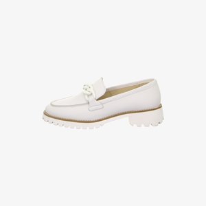 White leather loafer with chunky tread sole and decorative chain detail on the upper, side view.