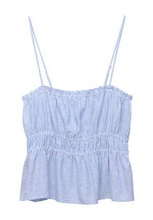 Top ușor cu bretele subțiri, în dungi alb-albastre, cu talie strânsă și tiv cu volane în trepte. Textură netedă, design casual.
