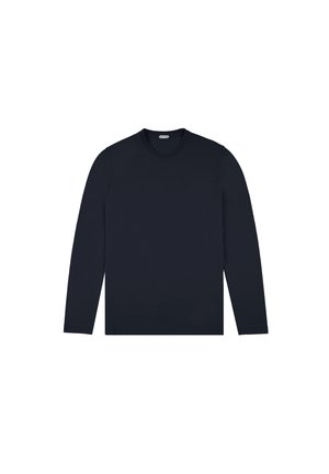 T-shirt a maniche lunghe blu navy realizzato in tessuto morbido. Presenta un collo rotondo e un design minimalista senza motivi o loghi visibili.