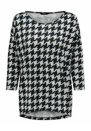 Musta-valkoinen houndstooth-kuvioitu pitkähihainen paita, jossa on pyöreä pääntie ja hieman kaareva helma.