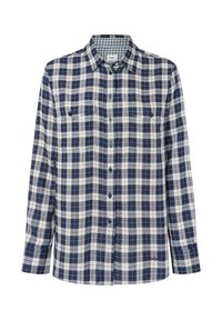 Långärmad skjorta med knappar i marinblått, vitt och grått rutmönster och två bröstfickor med knappar.