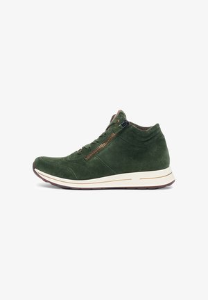 Green suede high-top sneaker with a rounded toe, beige sole, and a side zipper. Features textured accents and lace-up front.