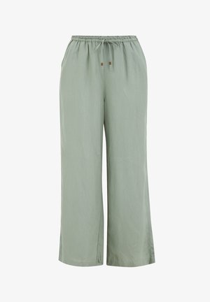 Pantaloni larghi di colore verde chiaro, realizzati in un tessuto morbido e fluido. Presentano una vita elastica con cordoncino e accenti decorativi sottili.