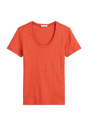 Short-sleeve, scoop-neck t-shirt in vibrant orange with a textured finish, made from soft material. Simple design, no additional patterns or accents.