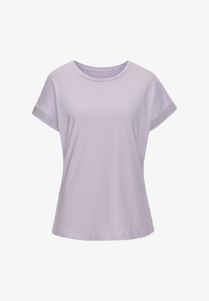 Lila T-shirt met korte mouwen, gemaakt van zachte katoen, met een ronde halslijn en textuuraccenten op de mouwen voor extra detail.