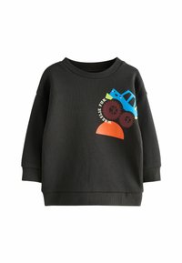 Svart sweatshirt med rund halsringning och sänkta axlar. Funktioner en färgglad grafik av en blå lastbil och röda hjul ovanför en orange halvcirkel.