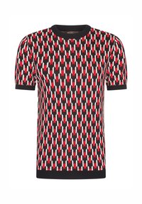 Camisa de punto de manga corta en negro, con un patrón geométrico en rojo, blanco y gris. Cuello redondeado acanalado y dobladillo inferior.