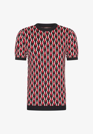 Short-sleeve knit shirt in black, featuring a geometric pattern in red, white, and gray. Ribbed crew neck and bottom hem.