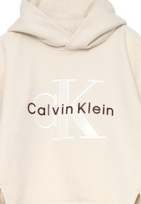 Felpa beige realizzata in morbido cotone, con un grande logo in rilievo bianco e testo marrone scuro. Include una tasca a marsupio e cappuccio con cordino.