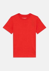 T-shirt en coton rouge à manches courtes, avec un col rond et un design uni. Comprend une étiquette cousue à l'intérieur du col.